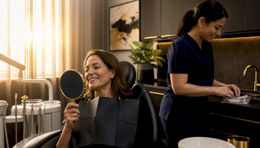 Patient inspecting teeth after whitening treatment in dental clinic