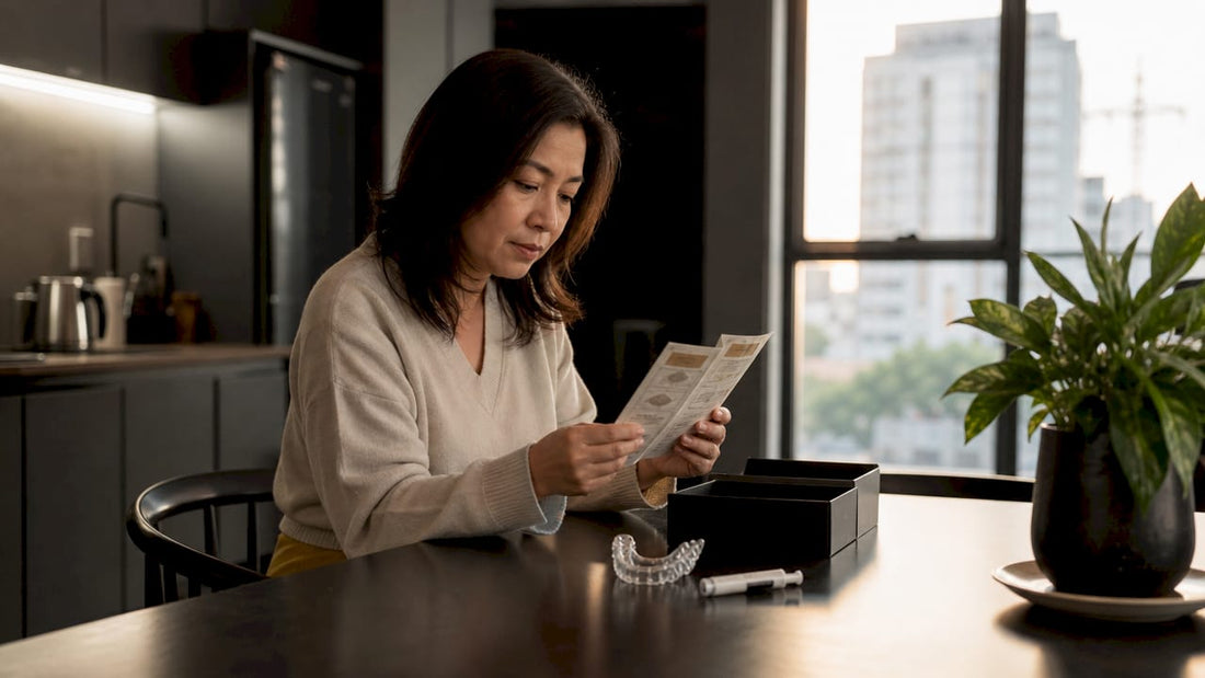 Woman reviewing PAP whitening instructions at home