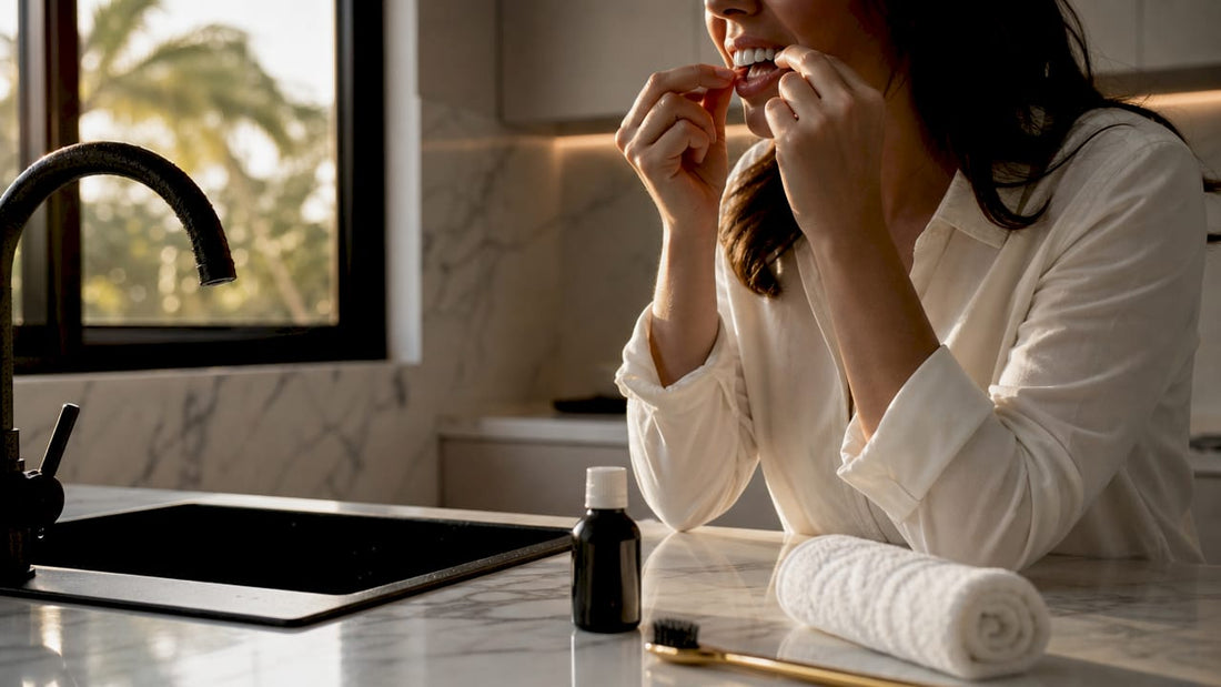 Hands applying hydrogen peroxide whitening strip on teeth