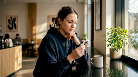 Woman examining dental whitening tray at kitchen table