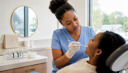 Dental hygienist applying whitening gel carefully