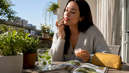 Woman applying lip balm at home table