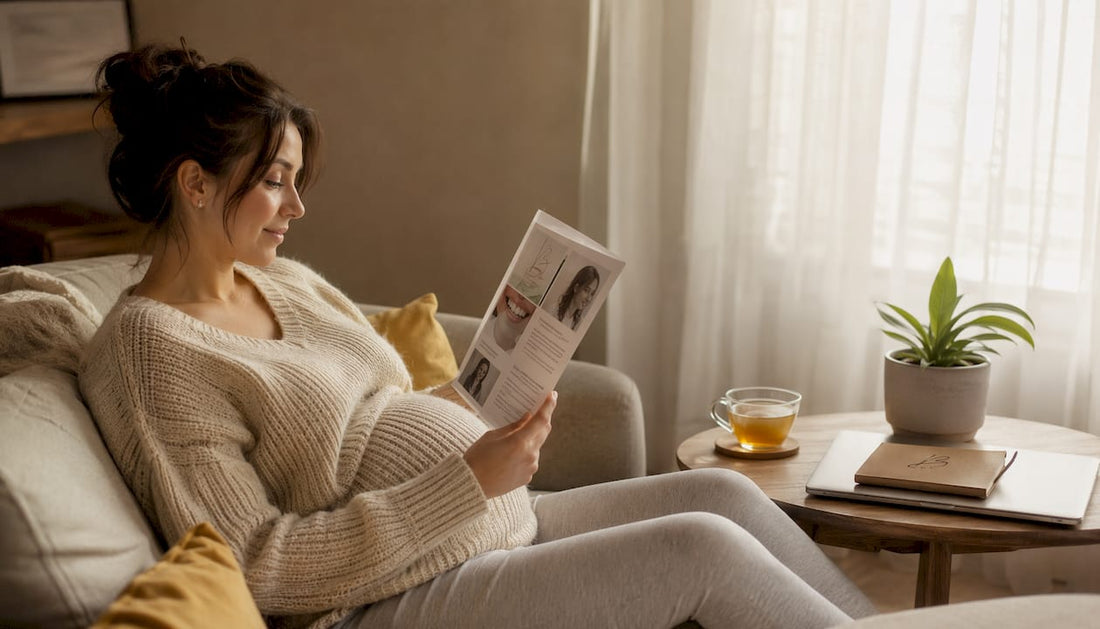 Pregnant woman reviewing teeth whitening safety brochure