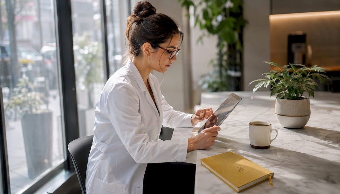 Dental professional reviewing oral care products