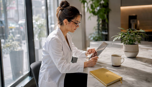 Dental professional reviewing oral care products