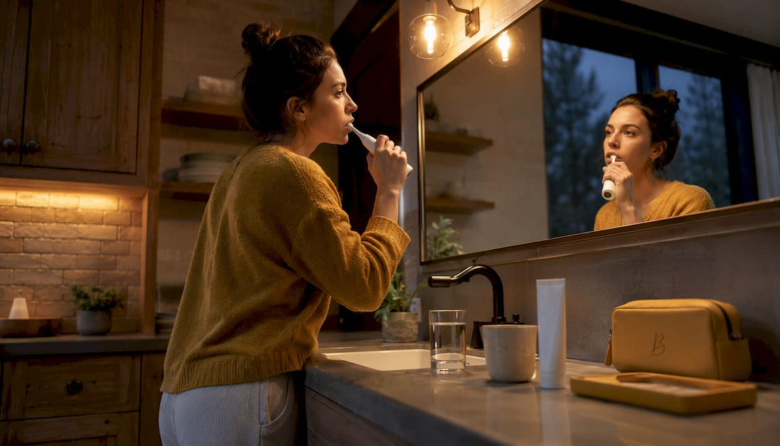 Woman brushing teeth in bathroom mirror