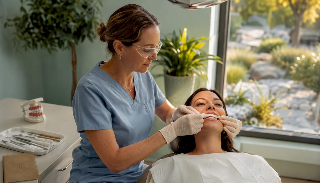 Dentist applying whitening strips to patient teeth