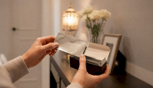 Hands checking expiration date on whitening strips