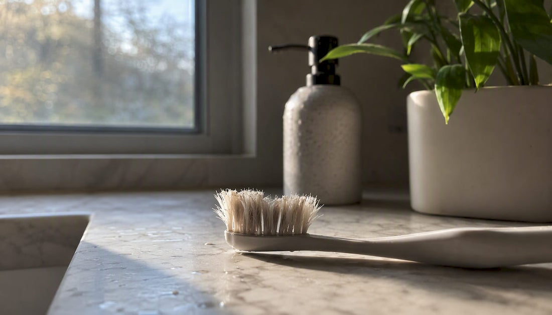 Close-up of worn toothbrush bristles