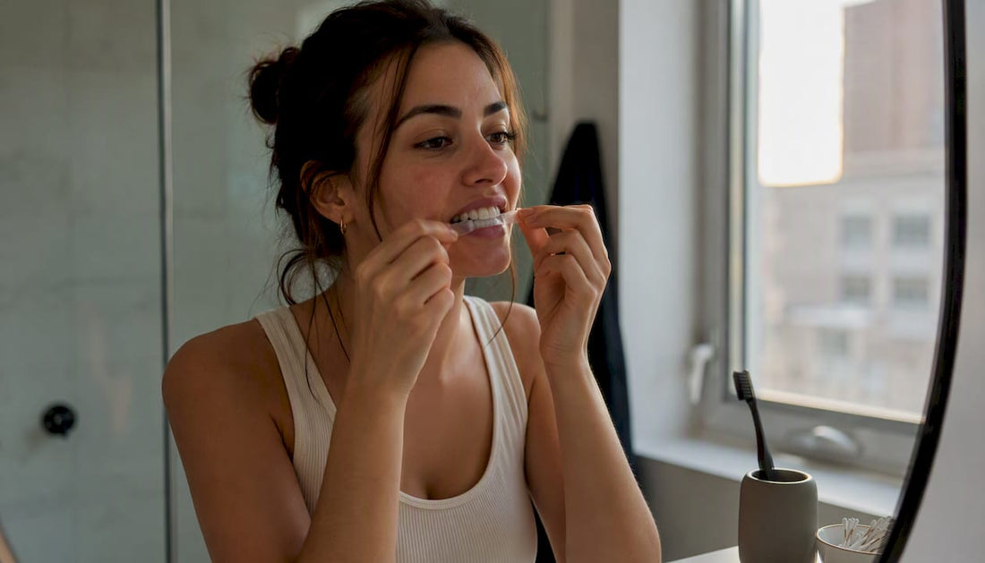Close-up of woman applying whitening strips