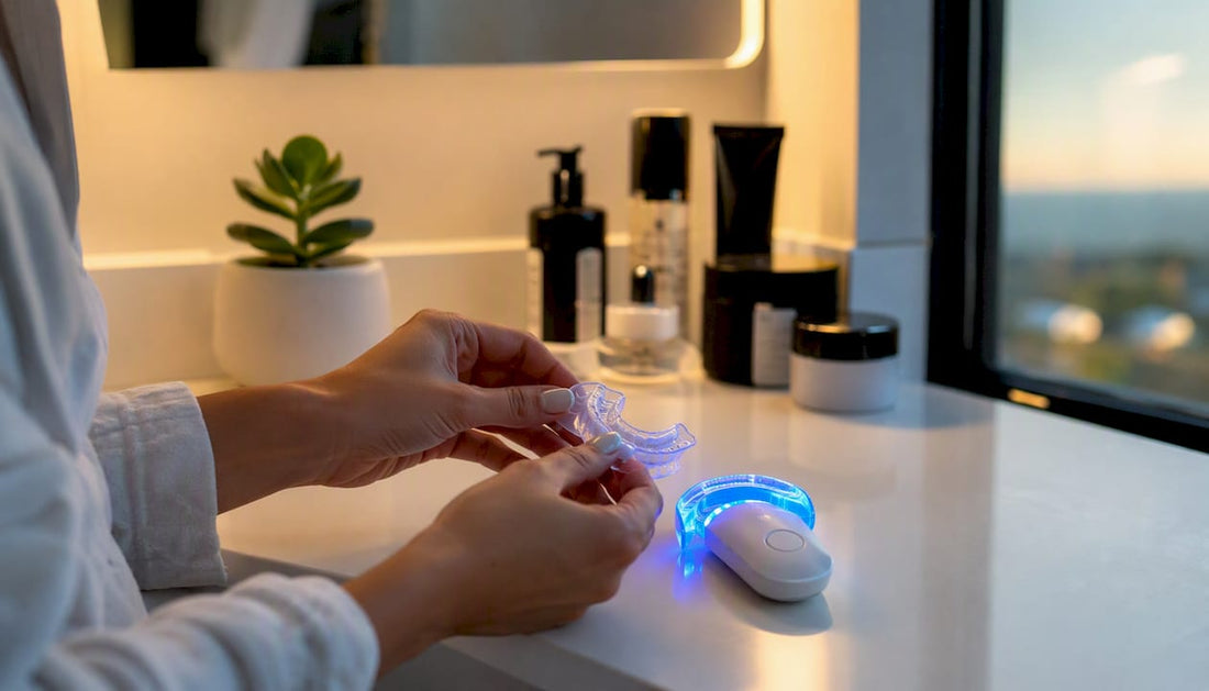 Hands preparing blue light teeth whitening gel tray