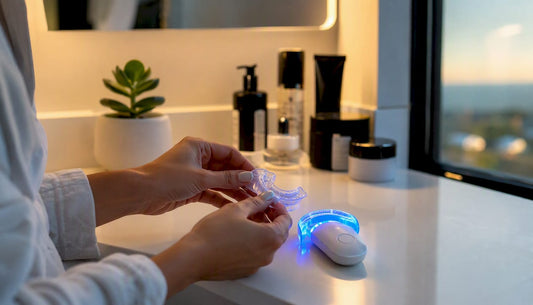Hands preparing blue light teeth whitening gel tray