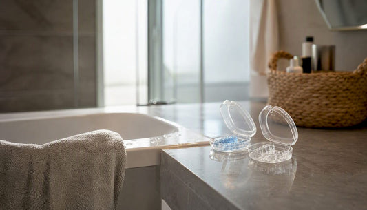 Teeth whitening trays with gels on bathroom counter