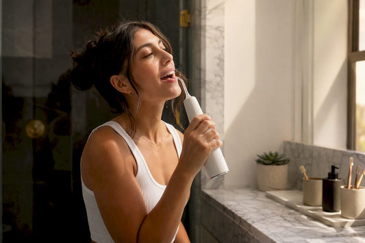 Close-up of woman using water flosser along gumline