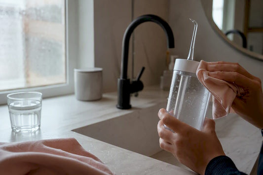 Water flosser reservoir near bathroom sink
