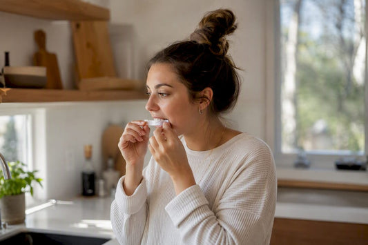 Woman applying teeth whitening strips close-up