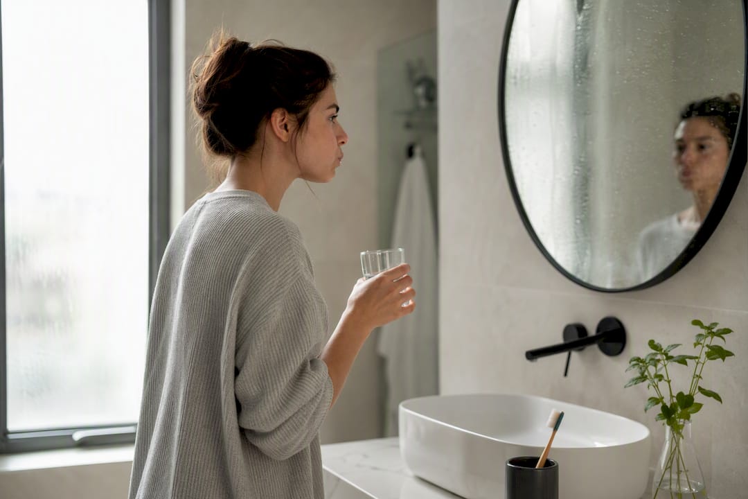 Person rinsing mouth with clear mouthwash at bathroom sink