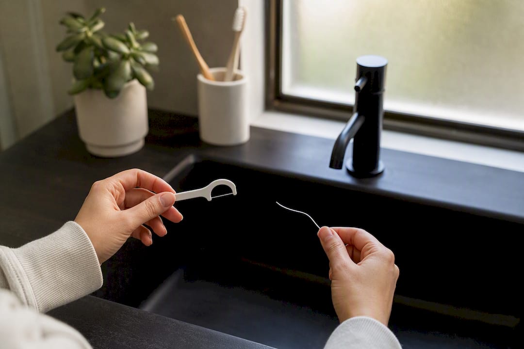Hands holding floss pick and string floss over sink