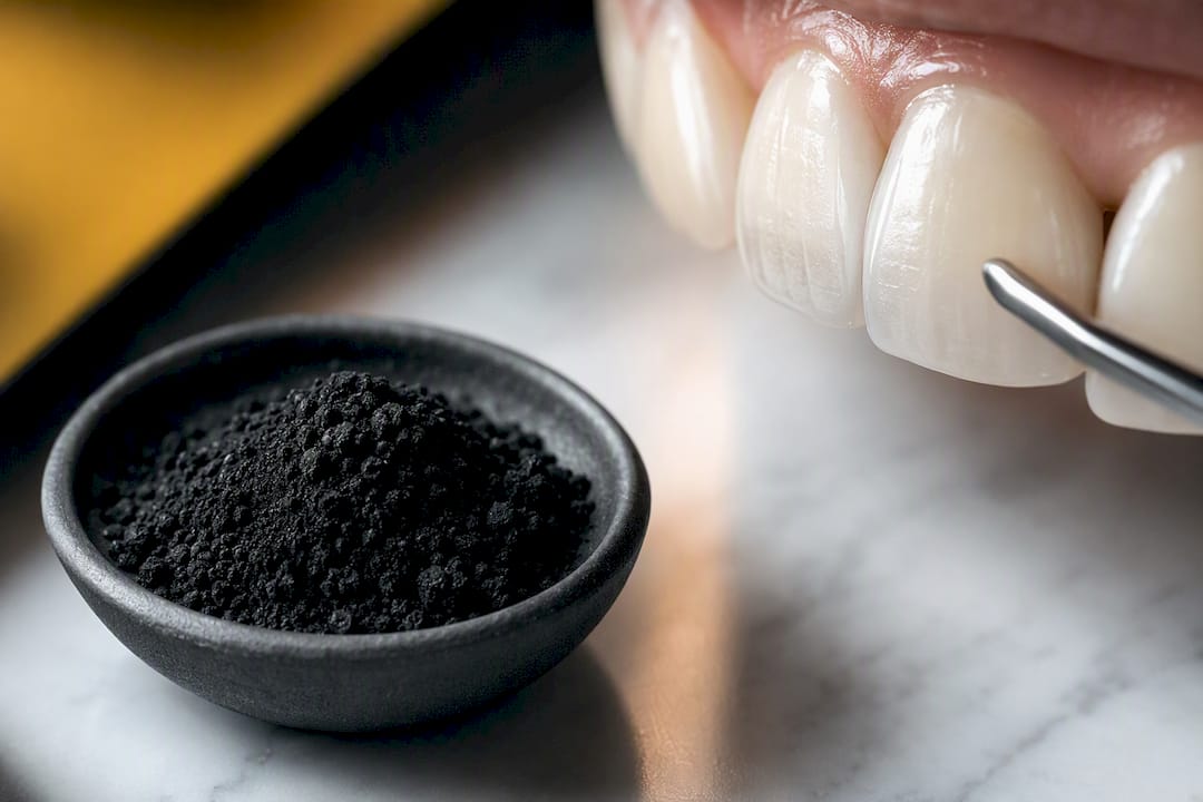 Activated charcoal beside tooth enamel
