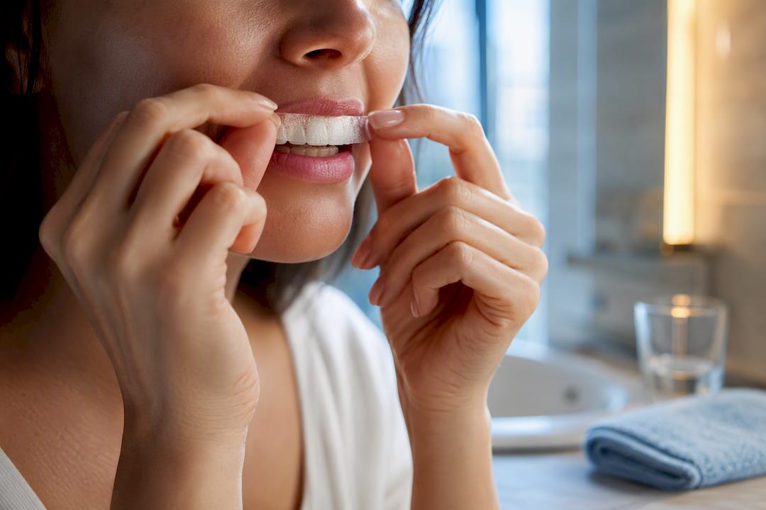 Close-up of whitening strip application