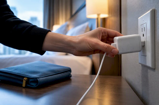 Traveler checking toothbrush charger beside outlet