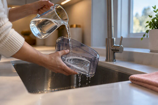 Hands rinsing mineral buildup from reservoir