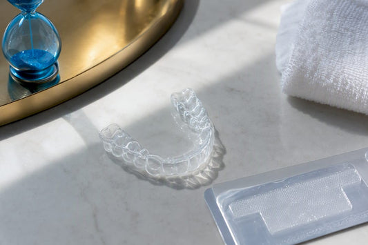 Whitening strip and transparent retainer on counter