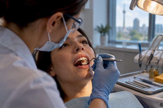 Dentist examining tooth before conservative whitening