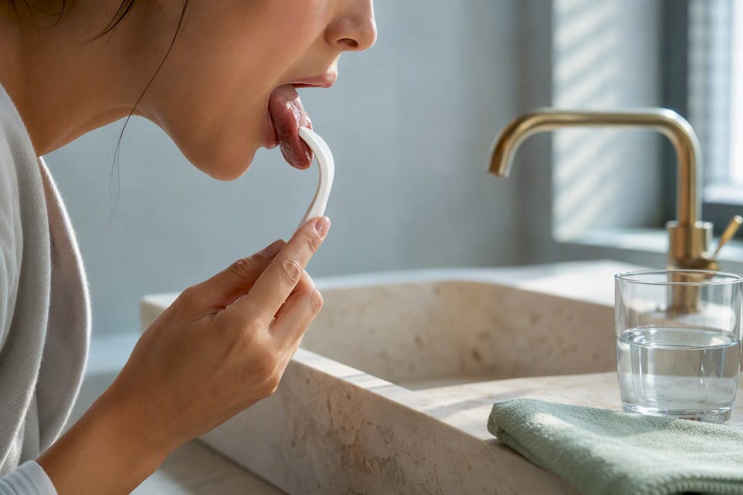 Woman cleaning tongue to reduce bad breath