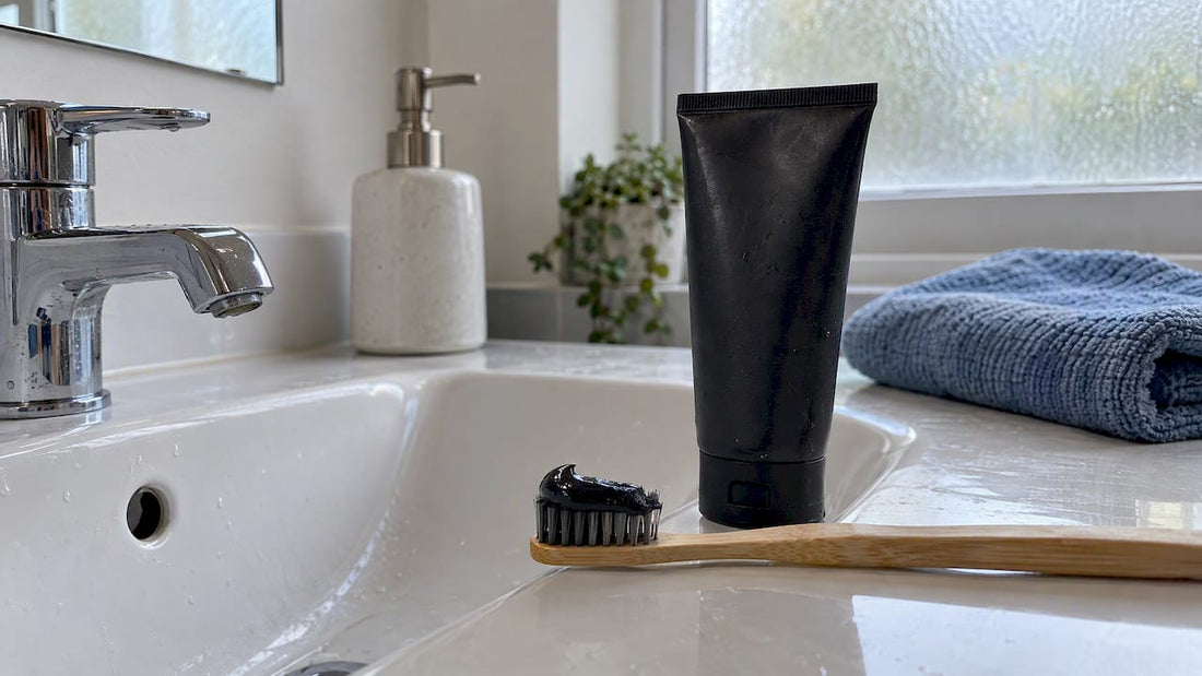 Charcoal toothpaste beside toothbrush at sink